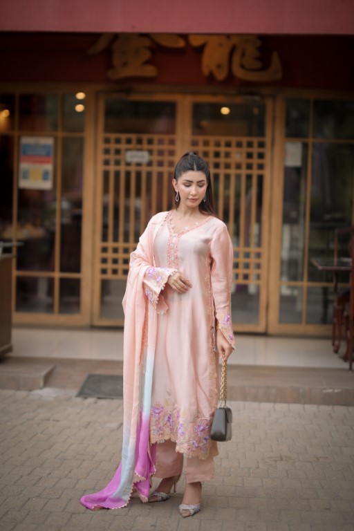 Light Peach Silk 3-Piece Suit – Floral Embroidery & Multicolor Dupatta
